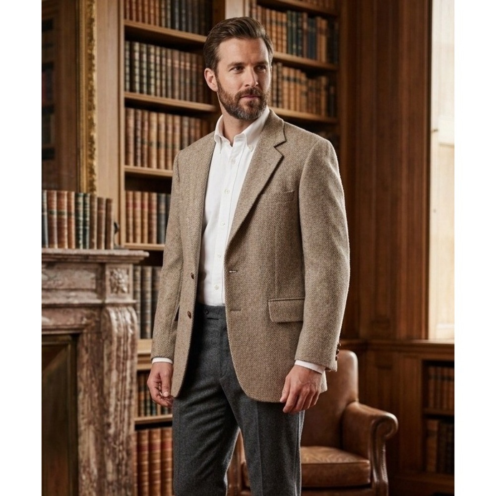 Roberts Co Berkshire Plaza Tweed Herringbone Wool Sport Coat Jacket Mens 40R USA
